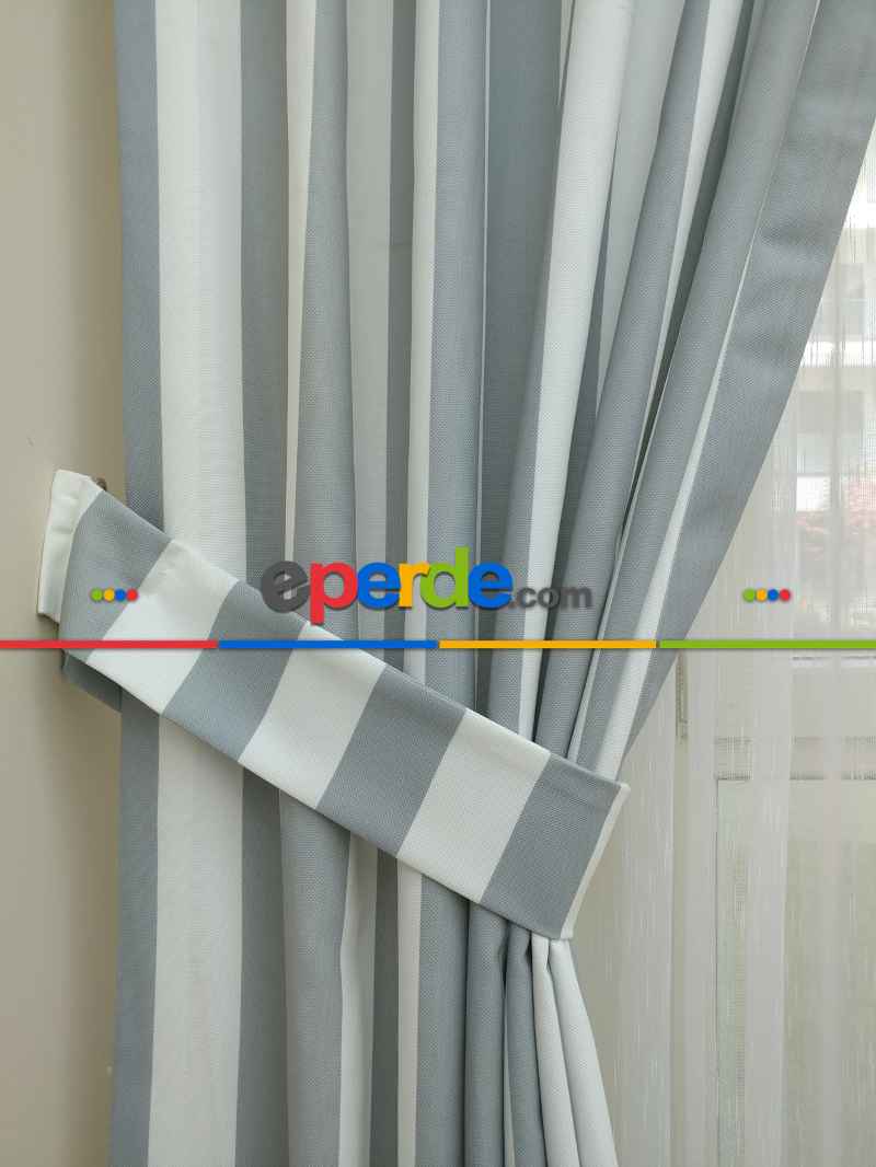 Gri Beyaz Çizgili Kaliteli Fon Perde Modelleri- Mavi-Beyaz