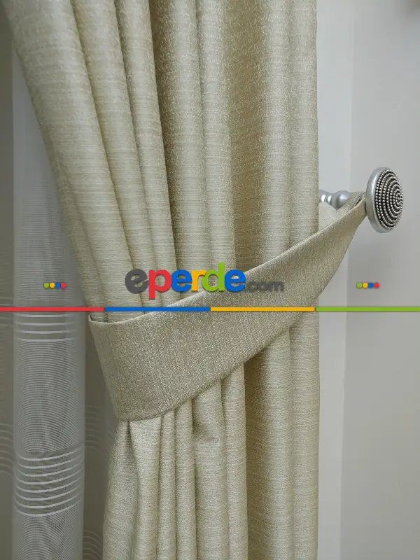 Krem Desenli Jakar Fon Perde- Krem