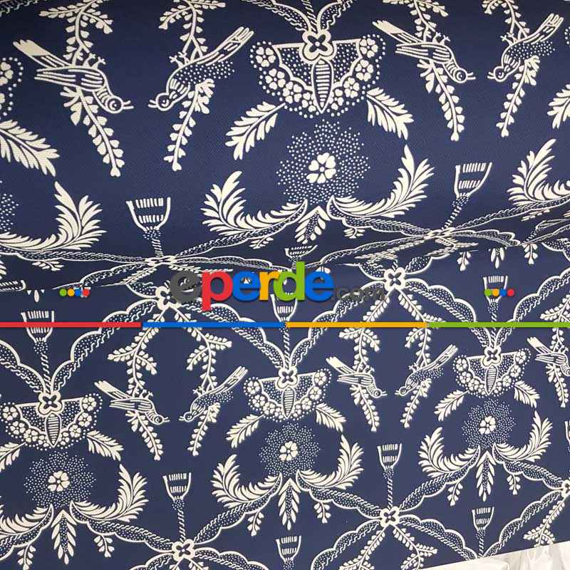 Lacivert Beyaz Kuş Desenli Fon Perde Evm716 Kumaşı Kalındır Duck Bezi Değildir- Lacivert-Beyaz
