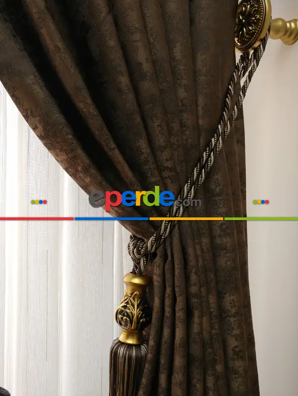 Patinedesenli Kahve Renk Jakar Desenli Fon Perde- Kahve