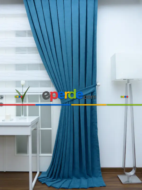 Petrol Mavisi Fon Perde- Mavi