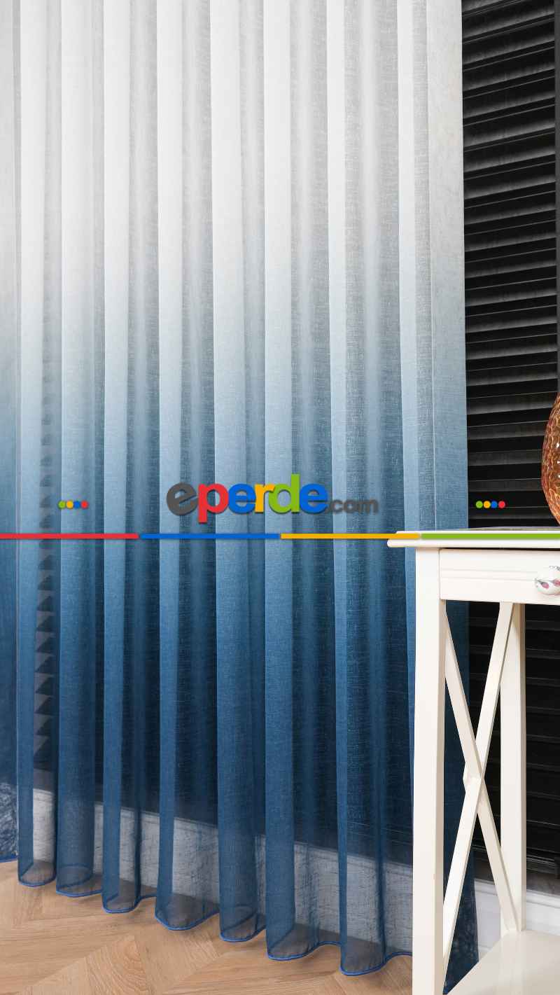Keten Ekru Mavi Degrade Geçişli Tül Perde, Ağır Gramajlı Premium Seri, Eteği Kurşunlu