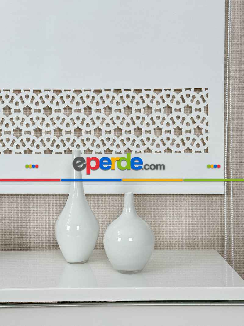 Ekru Lazer Kesimli Stor Perde ( Lazer Kesim Fiyata Dahildir) Metal Kasalı - Yüksek Kalite - Kornişe Kolay Montaj Seçenekli