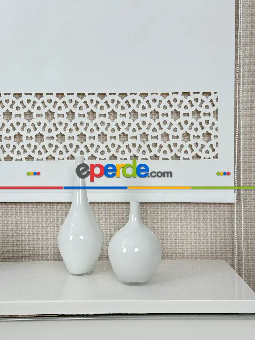 Ekru Lazer Kesimli Stor Perde ( Lazer Kesim Fiyata Dahildir) Metal Kasalı - Yüksek Kalite - Kornişe Kolay Montaj Seçenekli