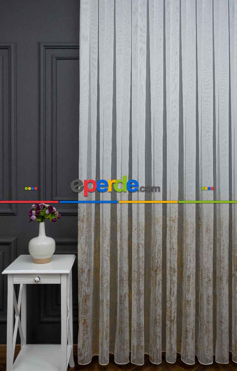 Yatak Odası - Modern Altın Varaklı Keten Tül Perde Yüksek Kalite