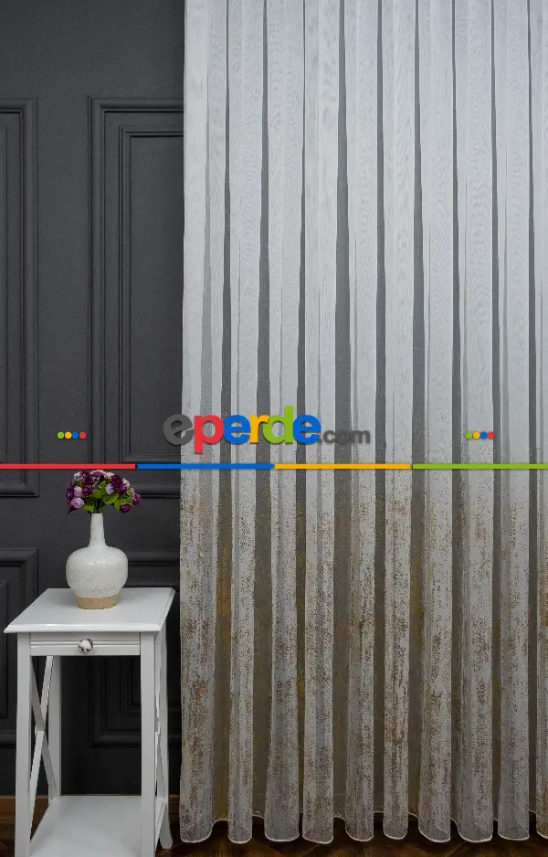 Salon Tül - Modern Altın Varaklı Keten Tül Perde Yüksek Kalite