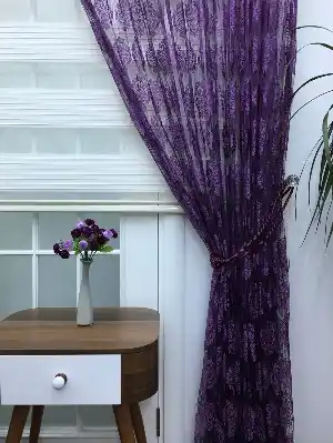 Mor Damask Desen İp Tül Fon Perde - Kordon Bağcıklı Gönderilmektedir- Mor
