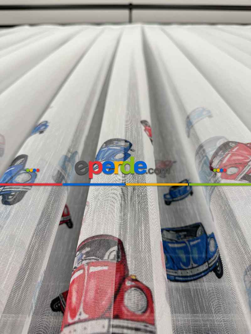 Çok Renkli Araba Desen Baskılı Tül Perde, Çocuk-bebek Odası, Premium Seri