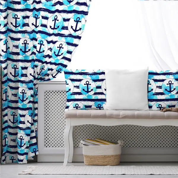 Çocuk Odası - Çapa Desenli Fon Perde Evim654 Kumaşı Kalındır Duck Bezi Değildir- Mavi-beyaz