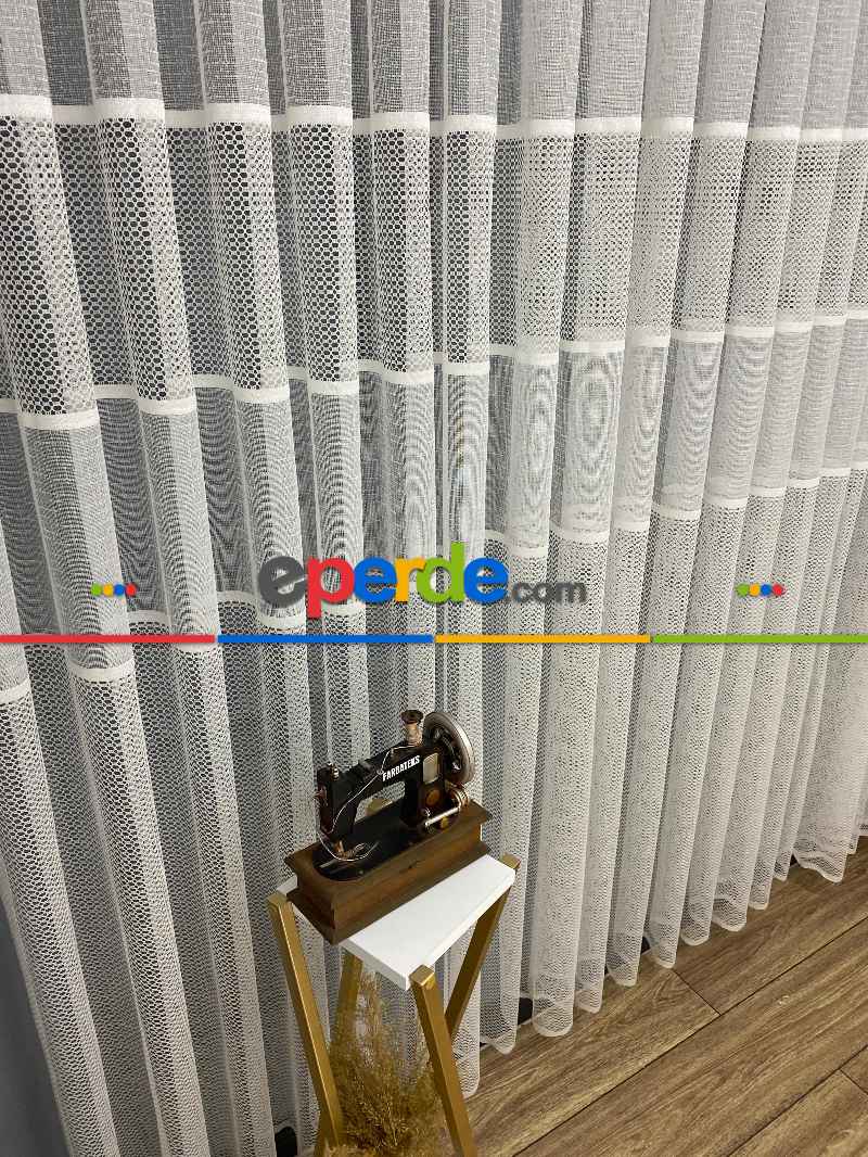 Çizgili Tül Perde - Spor Desenli - Tül Perde - Örme Tül Perde - Ütü İstemeyen