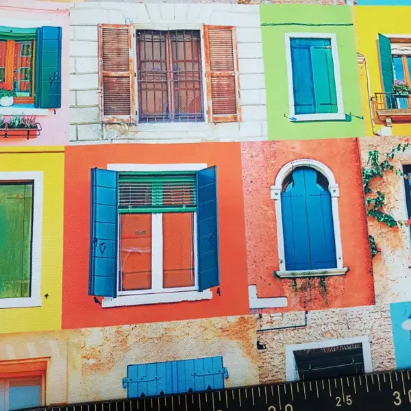 Renkli Pencereli Desenli Fon Perde Evm1068 Kumaşı Kalındır Duck Bezi Değildir- Mavi-Sarı-Kırmızı Açık