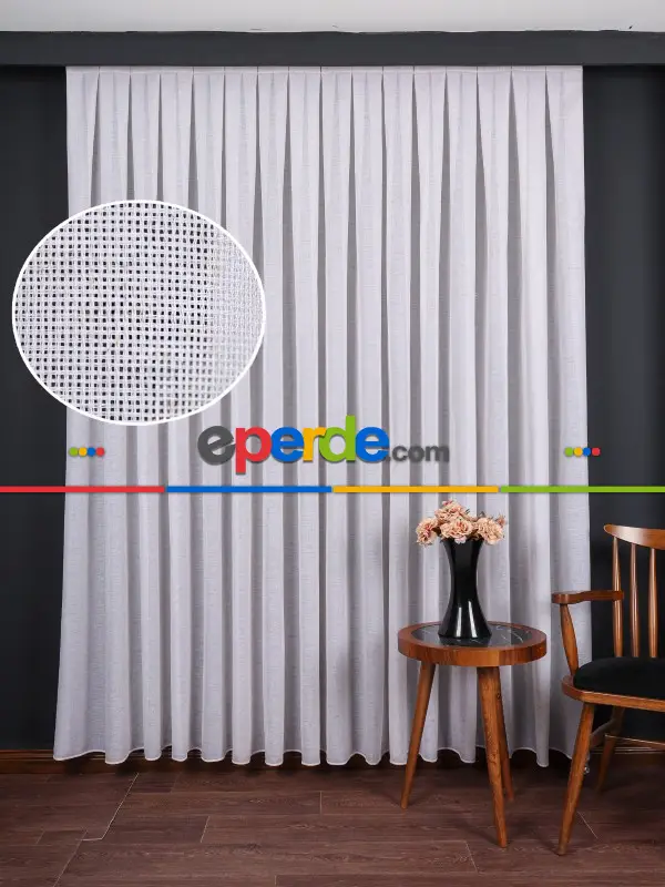 Hazel Beyaz-kahverengi Detaylı Keten Düz Tül Perde Gramajlı