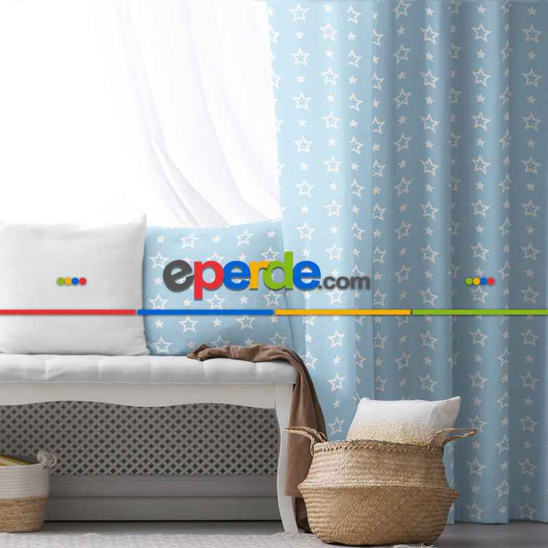 Erkek Çocuk ve Bebek Odası Fon Perde - Yıldız Desenli - Mavi Beyaz