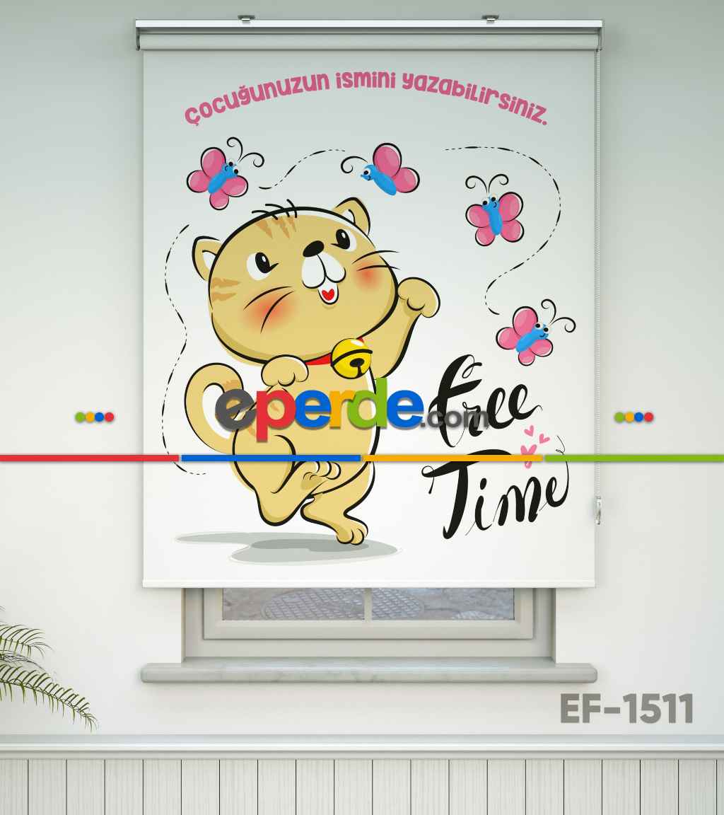 Çocuk Odası Stor Perde - Kedicik Desenli Özel Baskılı Stor Perde- Çok Renkli