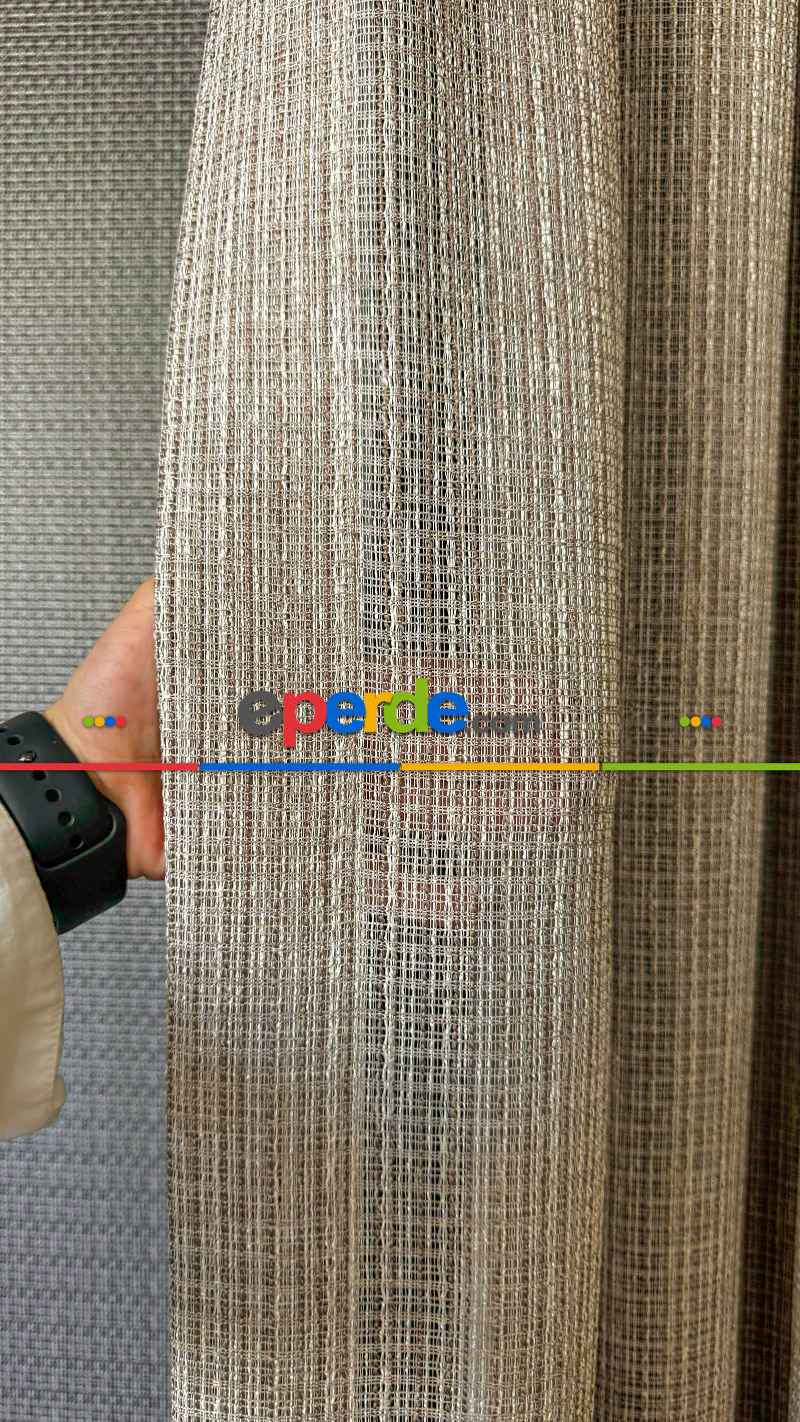 Oturma Odası - Açık Kahve Özel Dokuma, Özel İplik Keten Düz Tül Perde - Ağır Gramajlı Premium