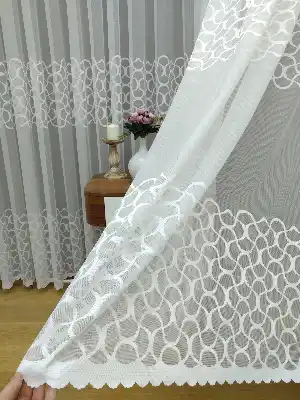 Sıralı Desenli Dantel Örme Tül Perde - Ekru Renk- Ekru