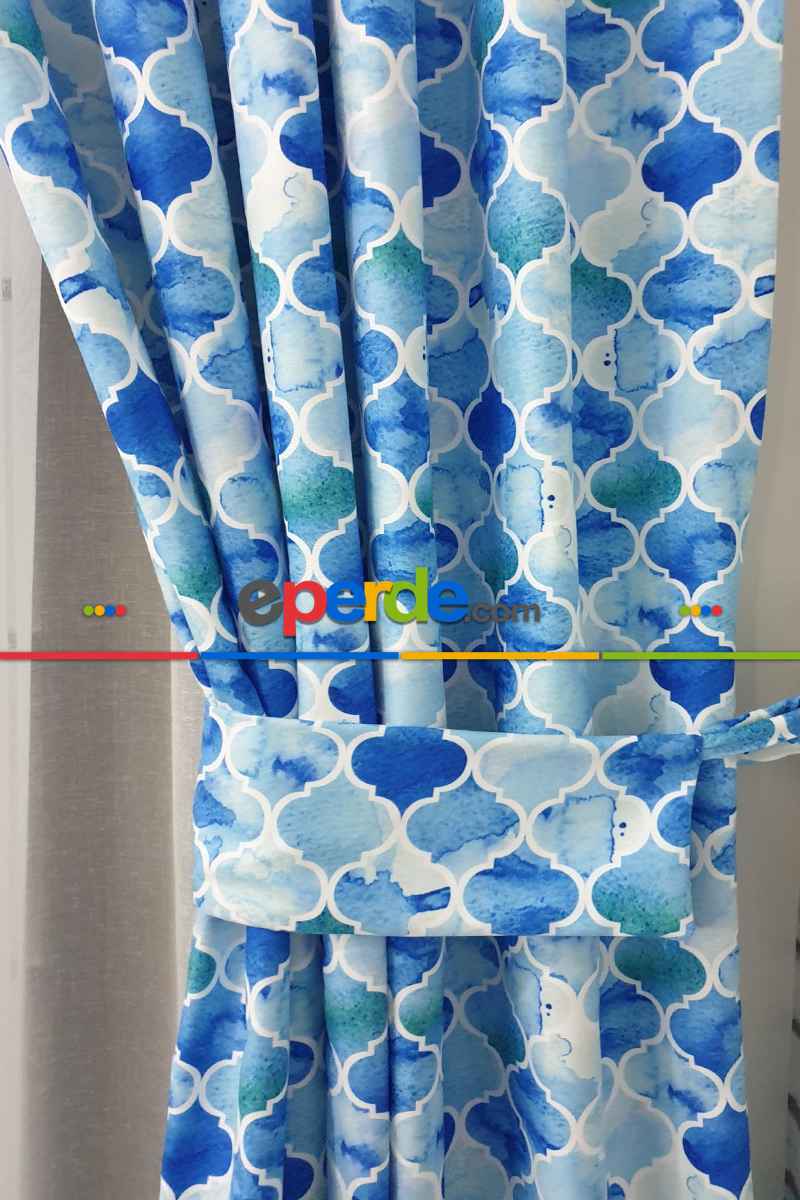Yatak Odası - Mavi Geometrik Desenli Fon Perde Evm644 Kumaşı Kalındır Duck Bezi Değildir- Mavi-Beyaz