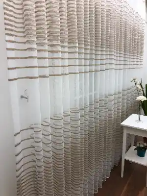 Enine Çizgili Bantlı Spor Tül Perde- Ekru-sütlü Kahve