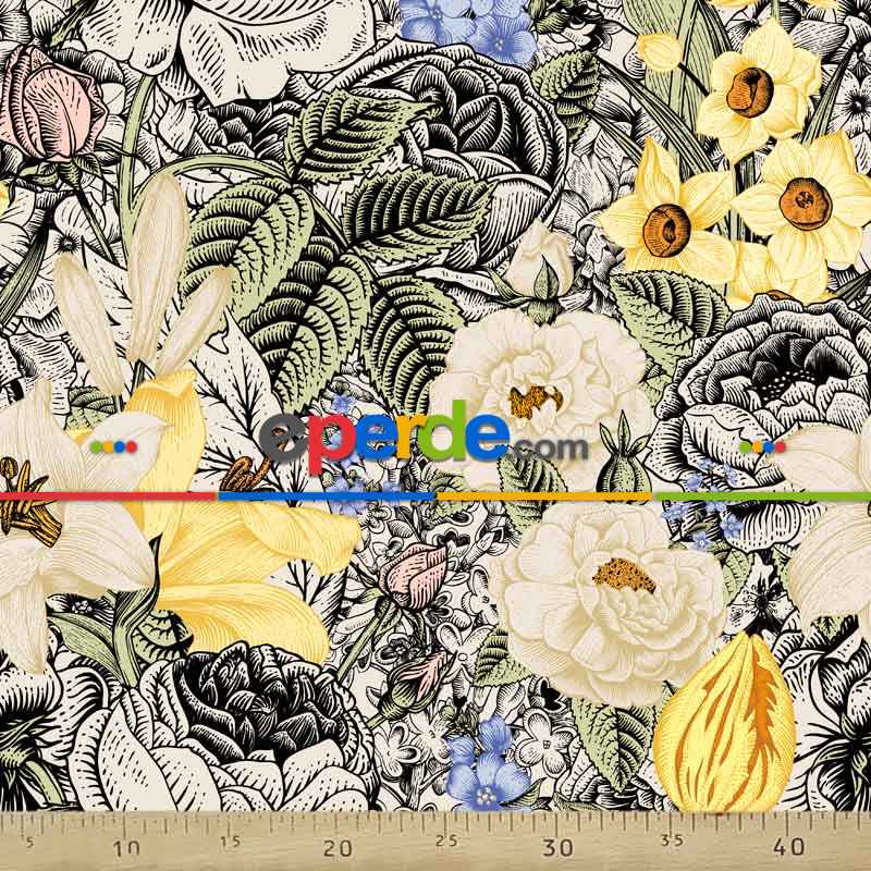 Çiçek Desenli Fon Perde Evm1092 Kumaşı Kalındır Duck Bezi Değildir- Sarı-Beyaz- Çok Renkli 3