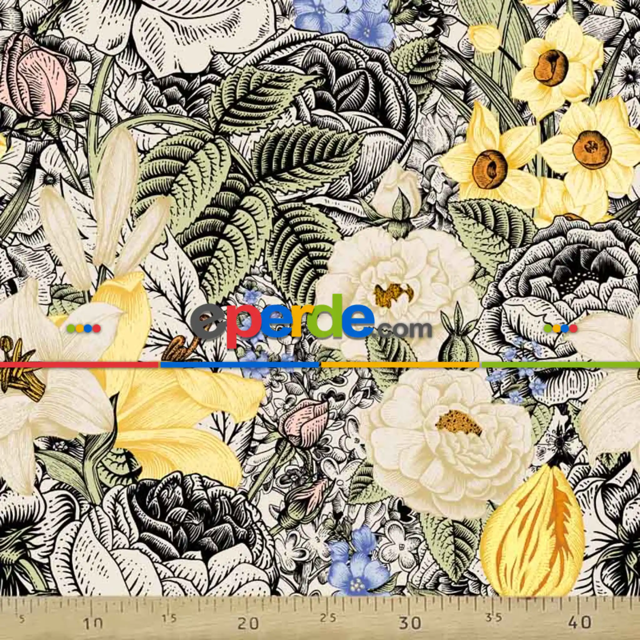 Çiçek Desenli Fon Perde Evm1092 Kumaşı Kalındır Duck Bezi Değildir- Sarı-Beyaz- Çok Renkli 3