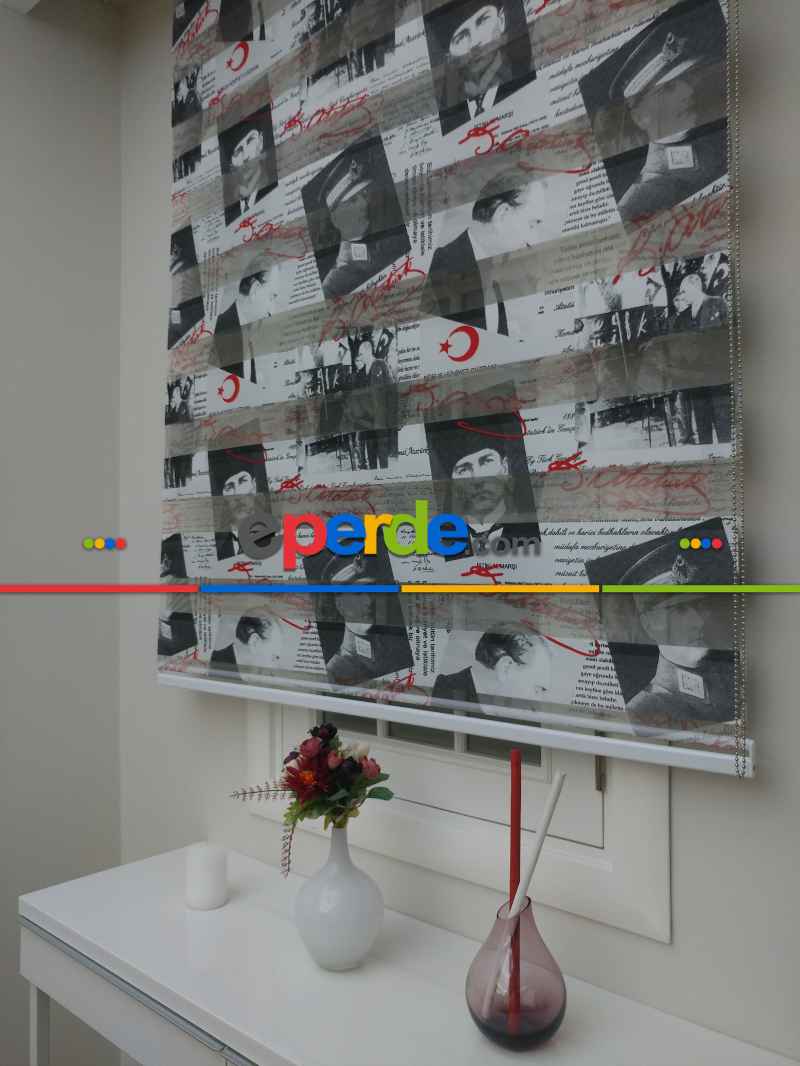 Atatürk Baskılı Zebra Perde- Siyah-kırmızı-beyaz-siyah Kırmızı- Çok Renkli 3