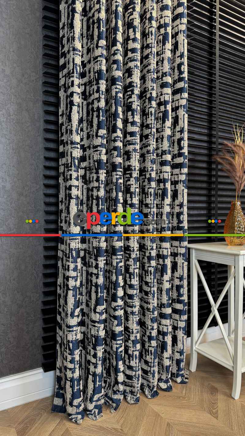 Bej Lacivert Jakar Dokuma Fon Perde