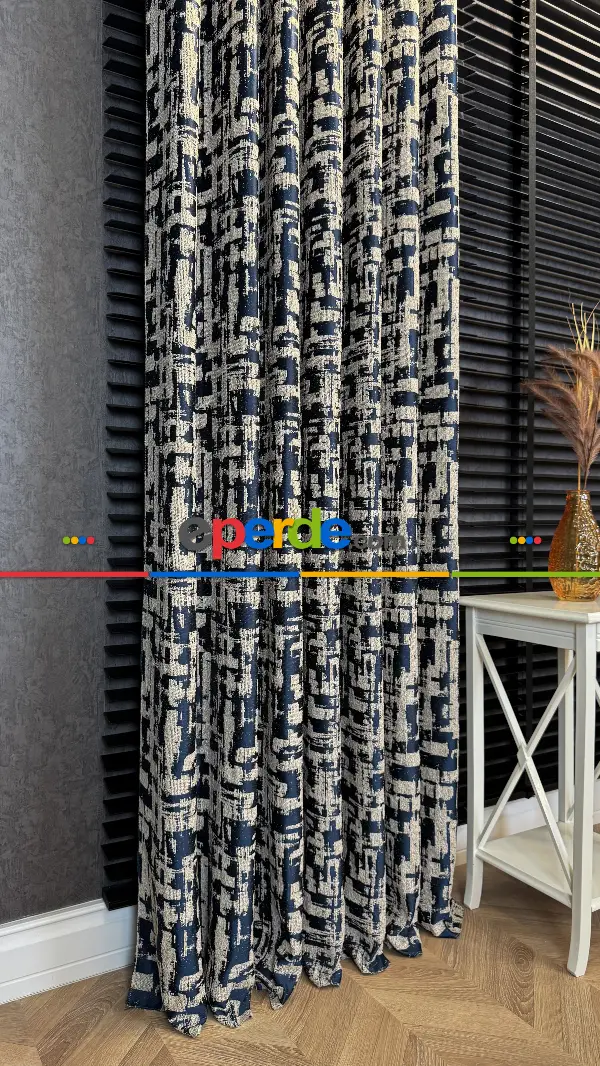 Bej Lacivert Jakar Dokuma Fon Perde