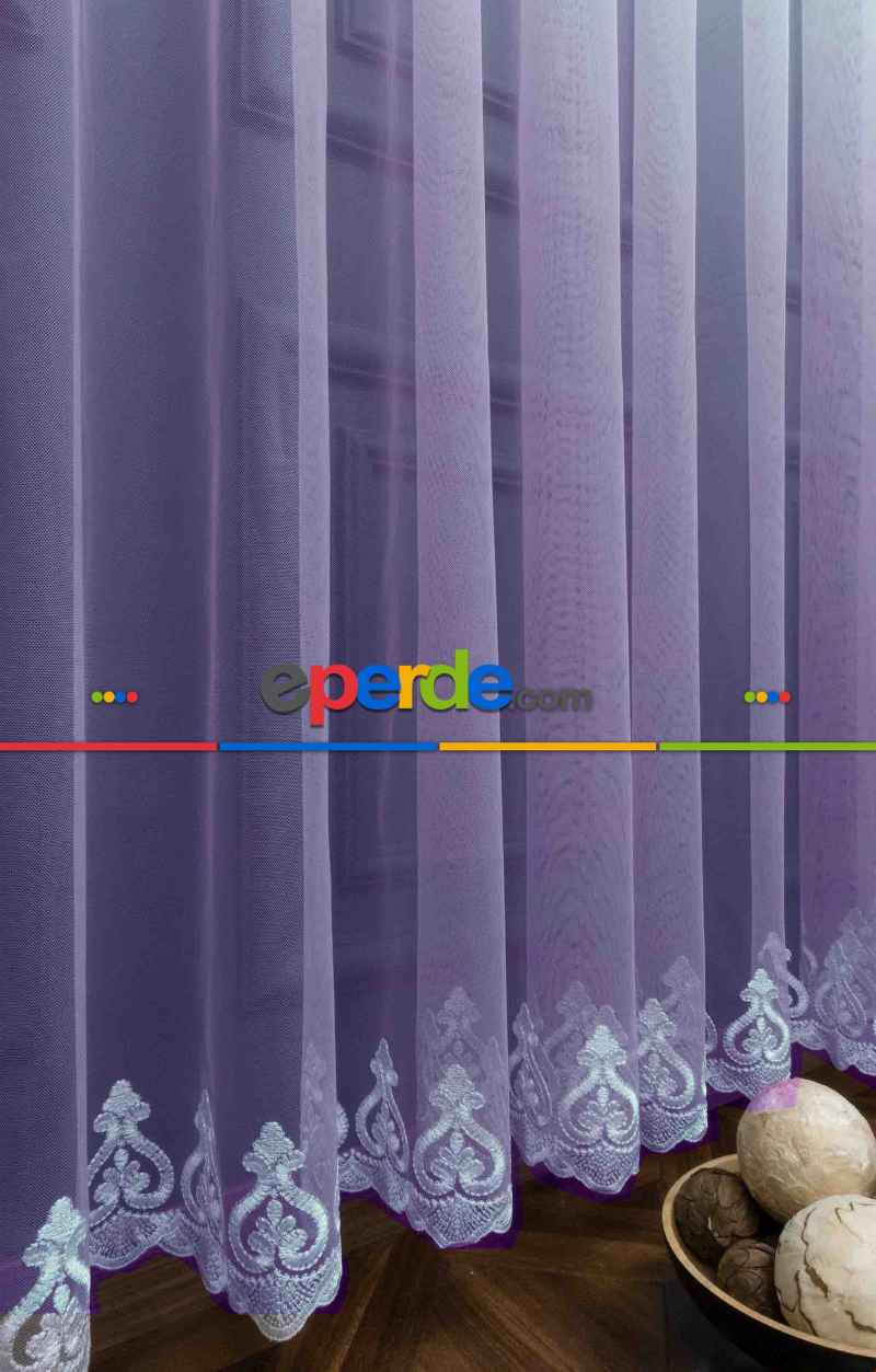 Lila Etek Nakışlı Renk Geçişli Degrade Tasarım Tül Perde