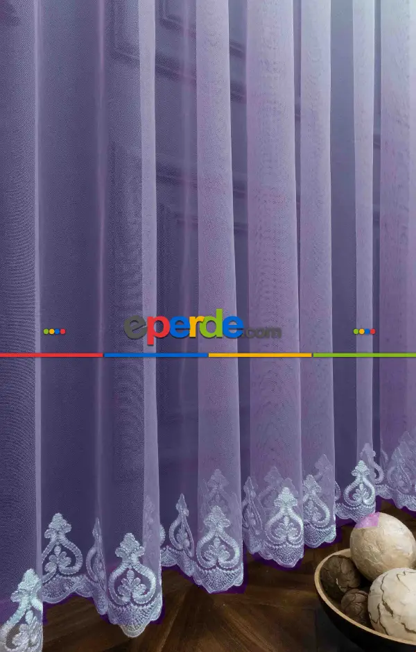 Salon Etek Nakışlı Antrasit Renk Geçişli Tül Perde- Antrasit