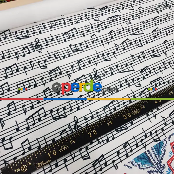 Genç Odası - Nota Desenli Fon Perde Evm760 Kumaşı Kalındır Duck Bezi Değildir- Siyah-Beyaz