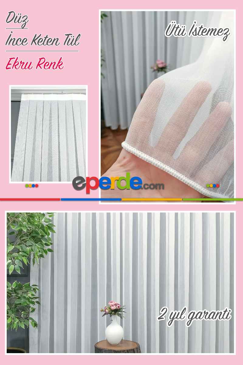 Hazır Ölçu Özel Bambu Keten Tül Perde- Ekru - Kurşunlu Tül 100cm X 250cm 