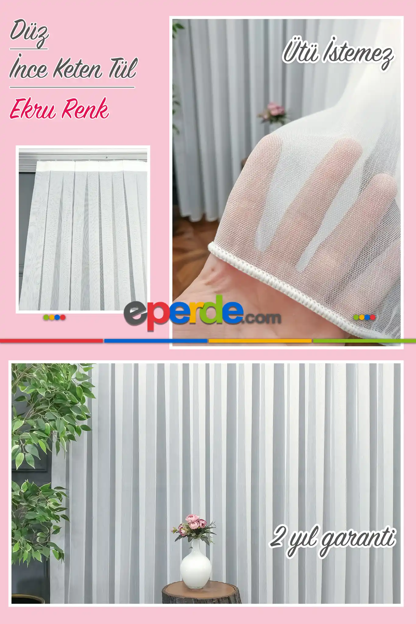 Hazır Ölçu Özel Bambu Keten Tül Perde- Ekru - Kurşunlu Tül 100cm X 250cm 