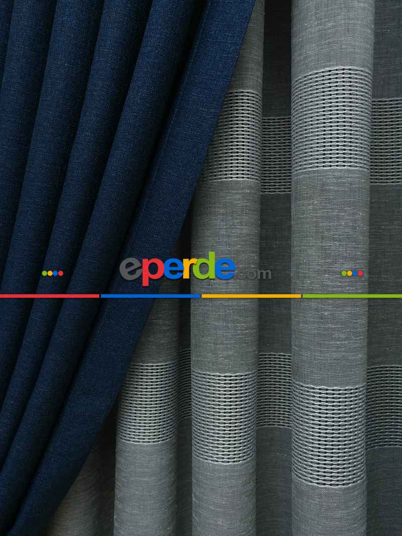 Keten Lacivert Renk Düz Fon Perde- Lacivert