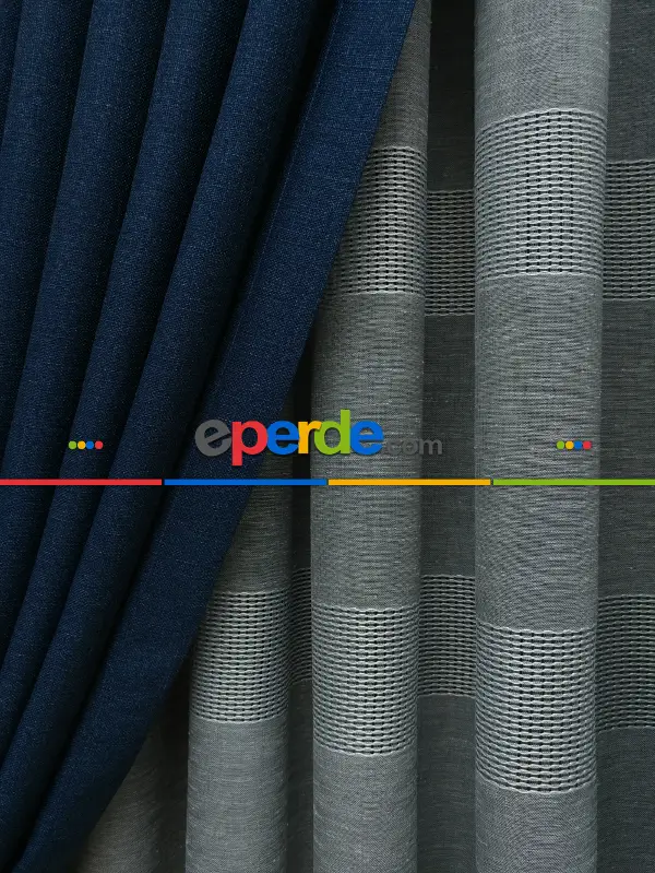 Salon Fon - Keten Lacivert Renk Düz Fon Perde- Lacivert