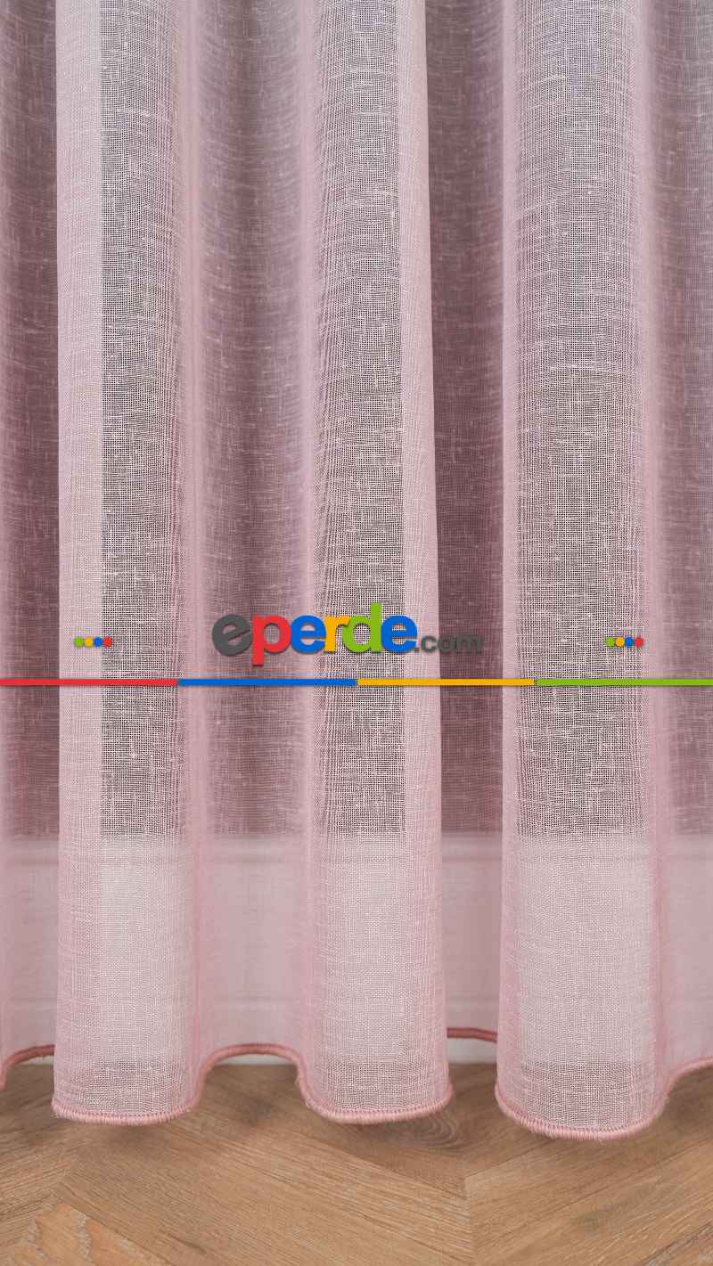 Keten Ekru Pembe Degrade Geçişli Tül Perde, Ağır Gramajlı Premium Seri, Eteği Kurşunlu