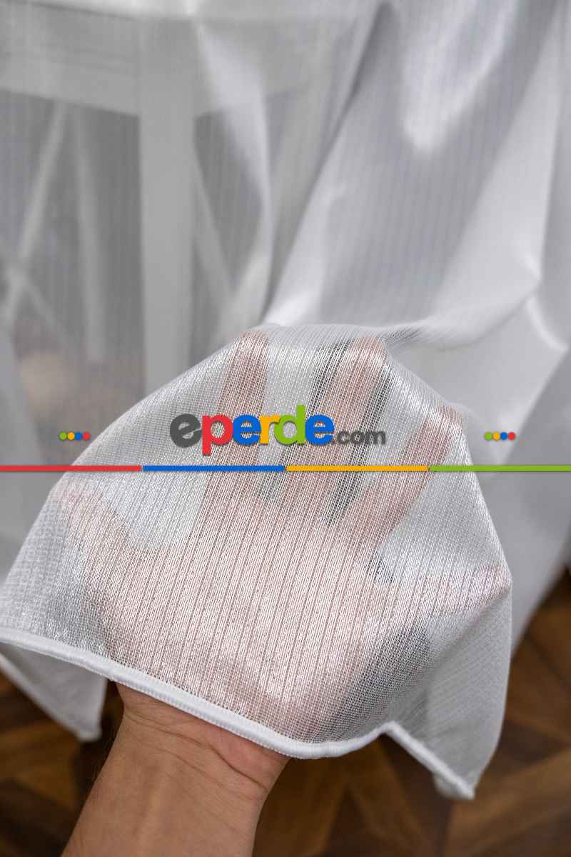 Çizgili Düz Tül Perde - Gümüş Simli Tül - Ütü İstemez - Kurşunlu Tül