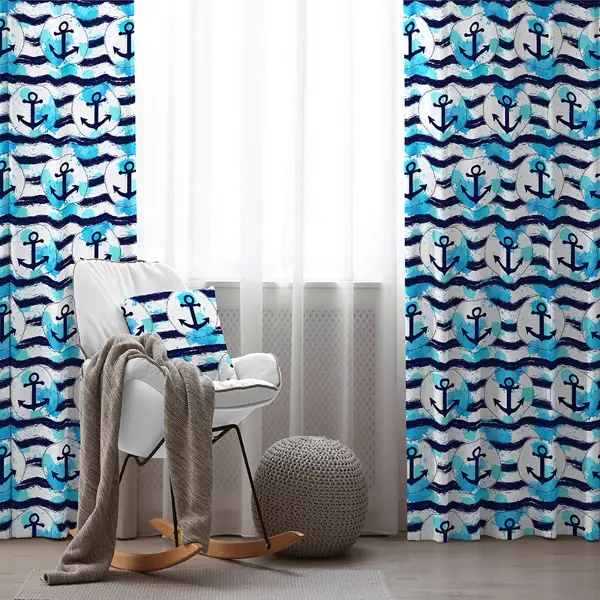 Çocuk Odası - Çapa Desenli Fon Perde Evim654 Kumaşı Kalındır Duck Bezi Değildir- Mavi-beyaz