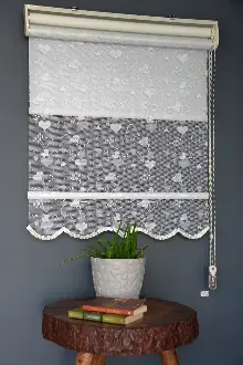 Kız Çocuk Odası Tül Perde - Kalp Desenli - Stor ve Tül Bir Arada