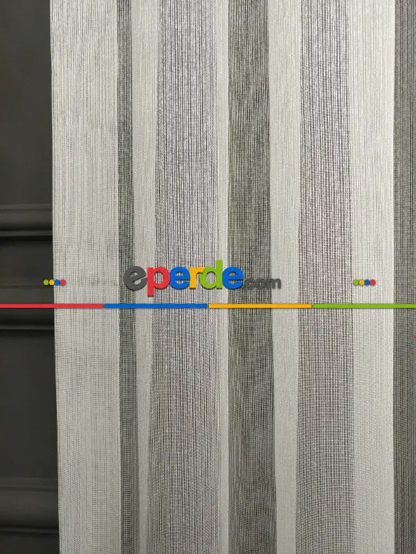 Ekru Boydan Çizgili Düz Armür Tül Perde - Ütü İstemez