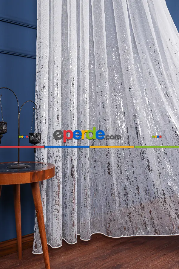 Salon Tül - Empoli Dijital Baskılı Tül Perde Ekru-gümüş