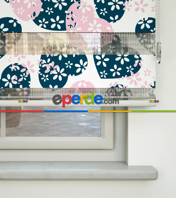 Kalp Desenli Baskılı Zebra Perde- Çok Renkli