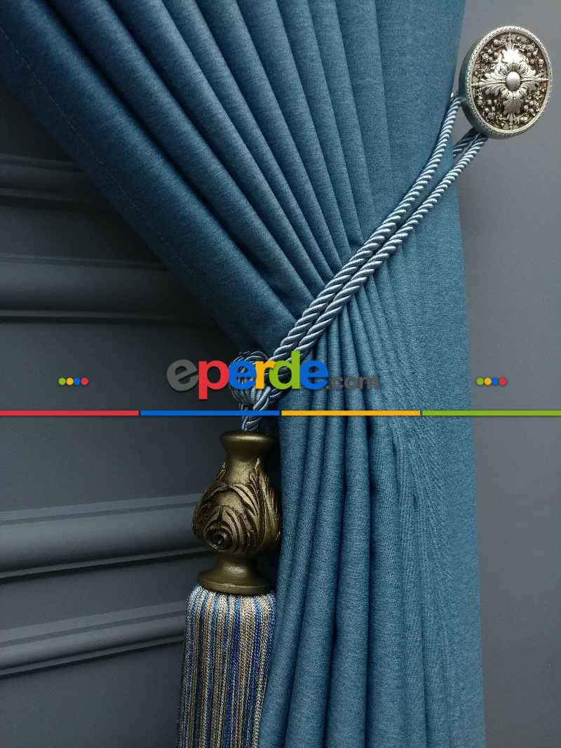 Saon Perdesi - Modern Keten Görünümlü Işık Geçirmez Karatma Fon Perde 2021 Ikon- Mavi Koyu