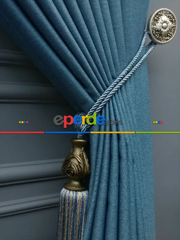 Yatak Odası - Modern Keten Görünümlü Işık Geçirmez Karatma Fon Perde 2021 Ikon- Mavi Koyu-turkuaz