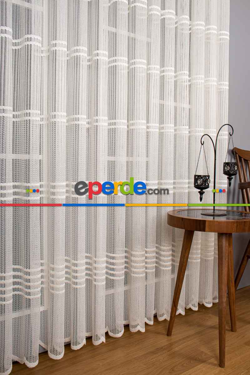 Salon Tül Modelleri - Clara Enine Bantlı Örme Tül Perde Ütü İstemez