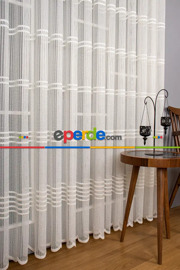 Salon Tül Modelleri - Clara Enine Bantlı Örme Tül Perde Ütü İstemez