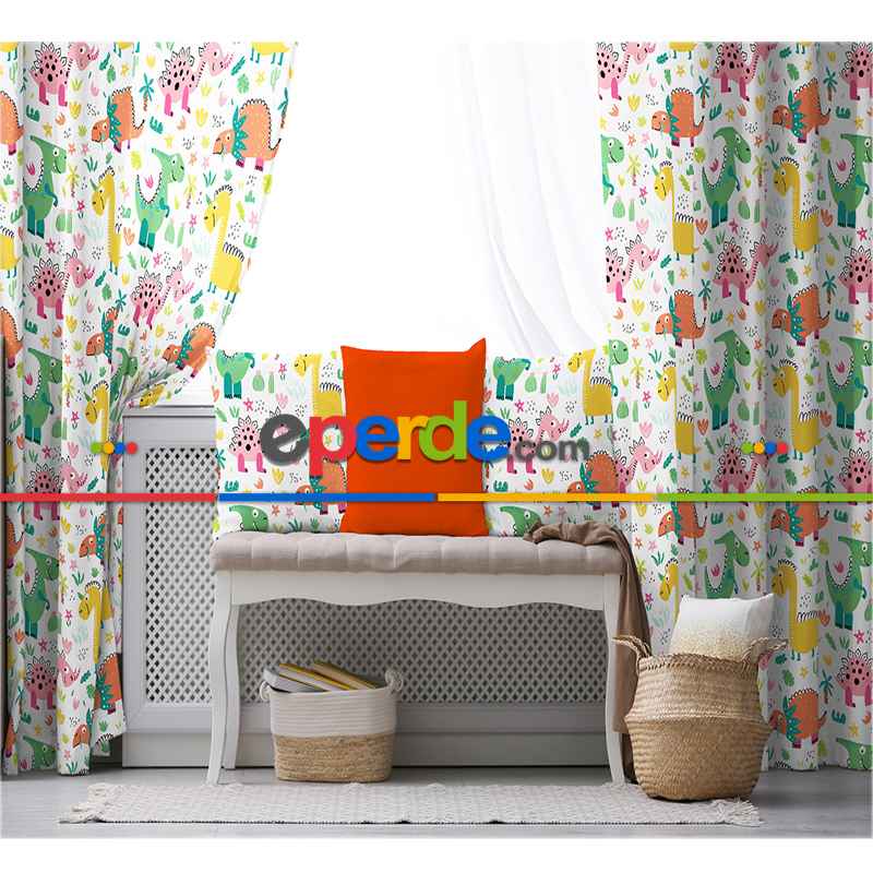 Çocuk Odası - Dinazor Desenli Fon Perde Evim862 Kumaşı Kalındır Duck Bezi Değildir- Mavi-beyaz