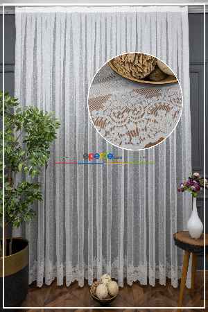 %50 İndirimli Hazır Ölçülü Etek Ucu Damask Desenli Örme Tül Perde