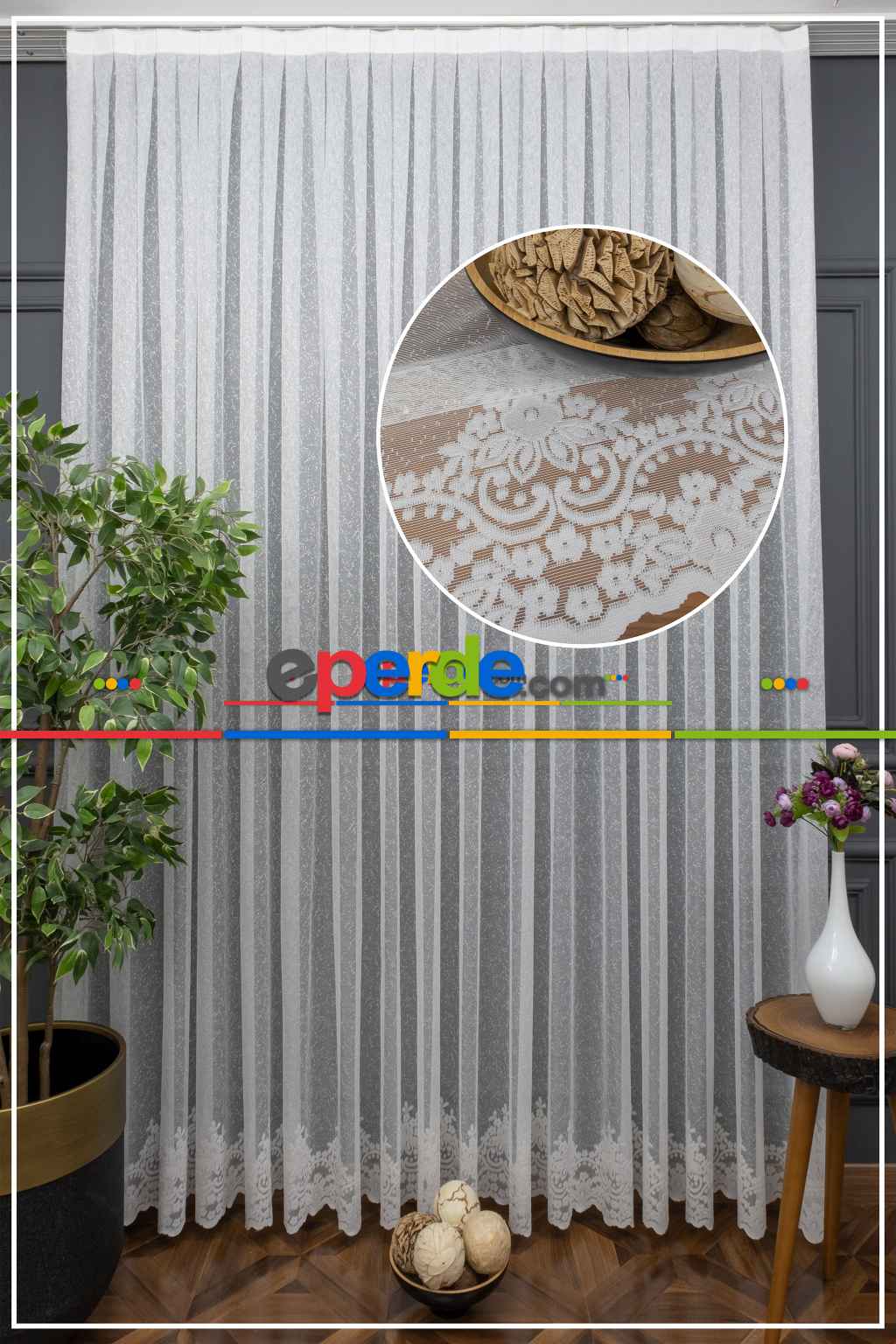 %50 İndirimli Hazır Ölçülü Etek Ucu Damask Desenli Örme Tül Perde