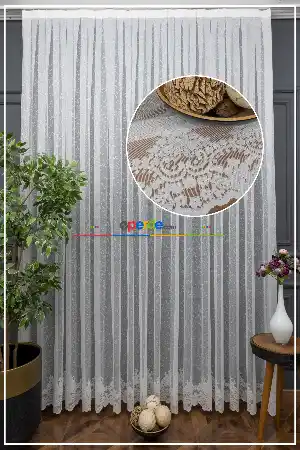 %50 İndirimli Hazır Ölçülü Etek Ucu Damask Desenli Örme Tül Perde