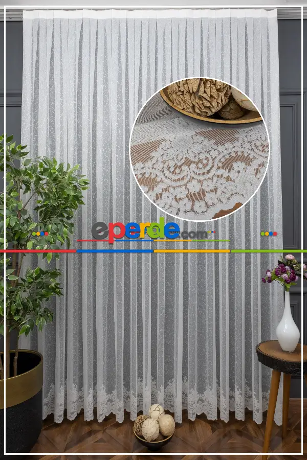 %50 İndirimli Hazır Ölçülü Etek Ucu Damask Desenli Örme Tül Perde